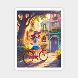 A cute girl explores a lively street on her bicycle. Magnet