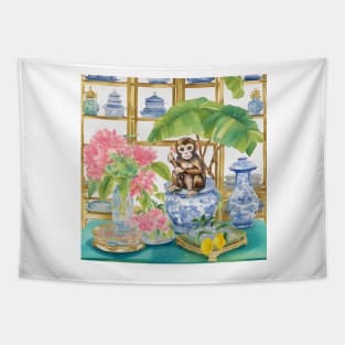 Cute monkey, lemons and chinoiserie jars Tapestry