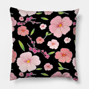 Pink Hibiscus and Sakura Black Background Pillow