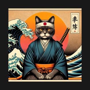 Vaporwave Samurai Cat Great Wave Off Kanagawa T-Shirt