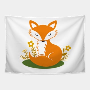 Smiling and sleeping foxes and flowers | orange and light gold | repeat pattern Tapestry