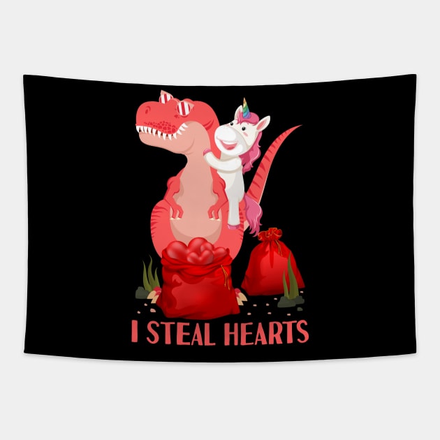 I Steal Hearts Unicorn Riding T rex Dinosaur Valentines Day Tapestry by Tesszero