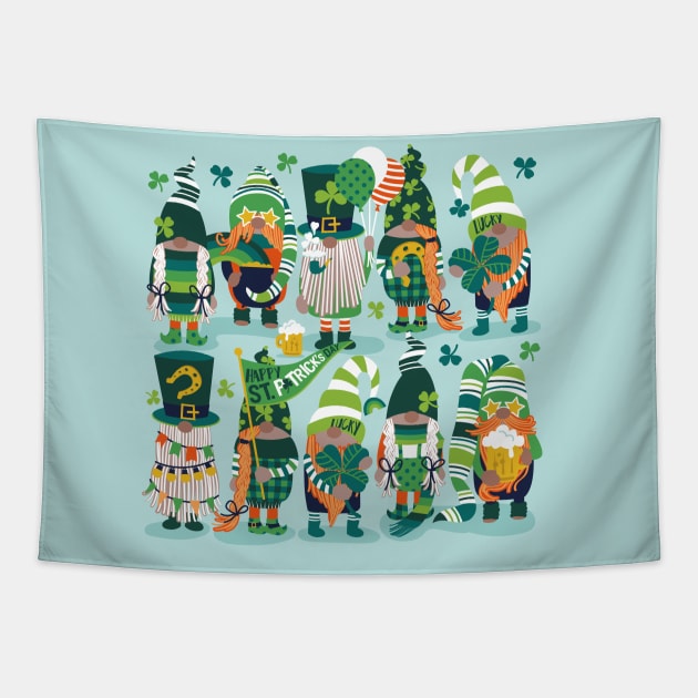 Saint Patricks gnomes // spot illo // aqua background parade with green and orange gnomes Leprechaun shamrock four leaf clovers Irish Ireland folklore Tapestry by SelmaCardoso