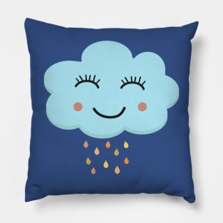 Happy blushing blue cloud with rainbow raindrops kawaii Pillow