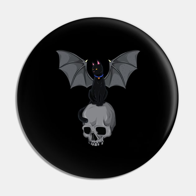 Gothic cat with wings on skull - Goth Pin by Modern Medieval Design