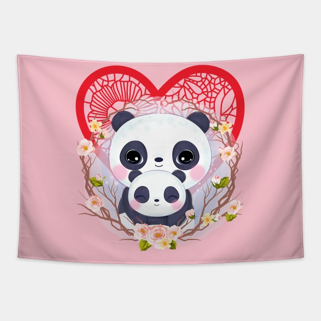 Mama Panda and baby with RED lace heart Tapestry by PersianFMts