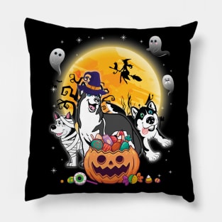 Alaskan Husky Dog Mummy Witch Moon Ghosts Happy Halloween Thanksgiving Merry Christmas Day Pillow