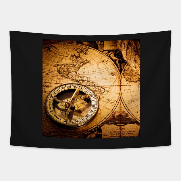 Vintage Beautiful Abstract Old Compass and Rope on Vintage Map 1752 Tapestry by styleandlife