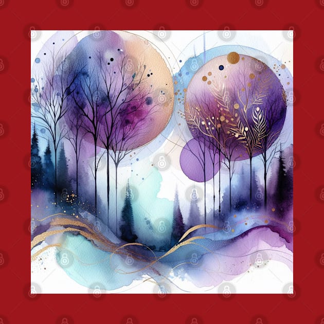 Abstract Watercolor Trees Purple and Gold by Heartsake