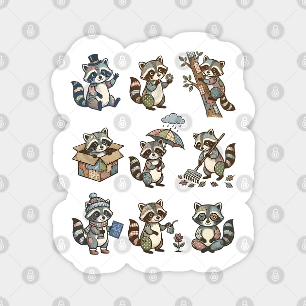 Cute Quirky Patchwork Steampunk Raccoons Funny Poses Magnet by Luxinda