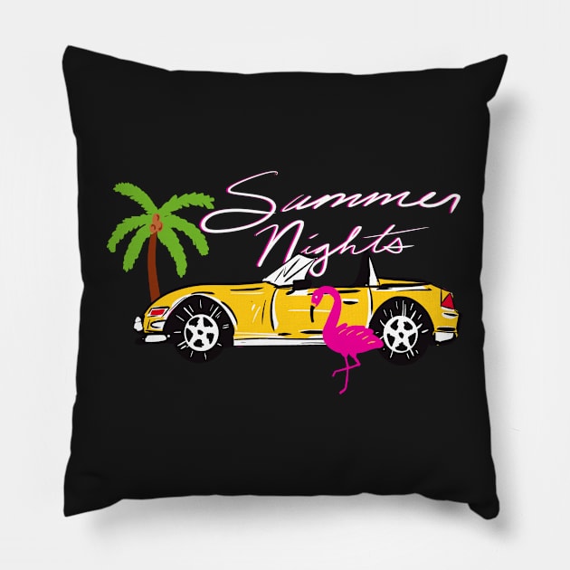 80s Miami Millennial Kitsch Y2K Maximalist Aesthetic Yellow Flamingo Exotic Car Pattern On Yellow Background Pillow by panco