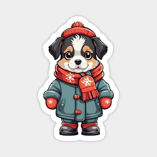 Winter Dog Sticker with Red Hat and Scarf Magnet