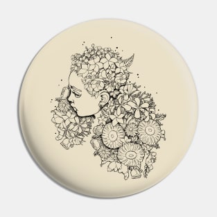 Flower Hair Girl fine line art Pin