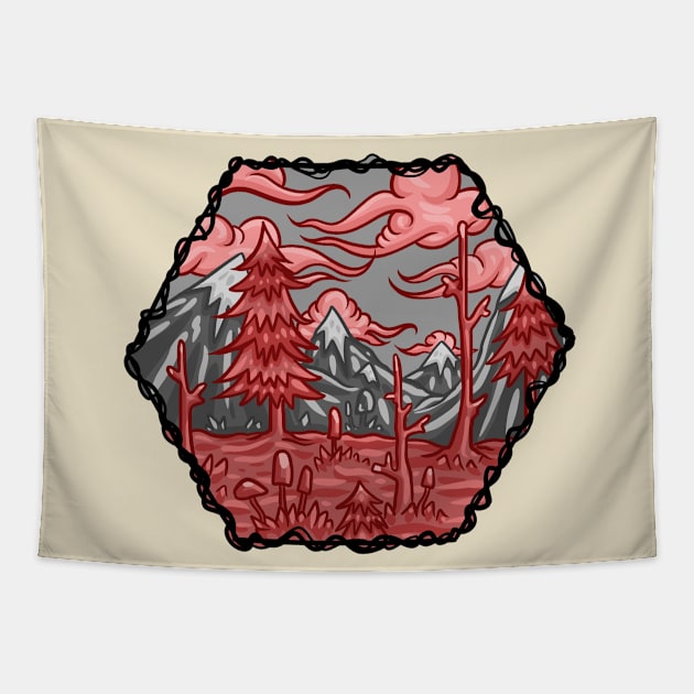 Red and Gray Cartoon Forest Tapestry by Manfish Inc.