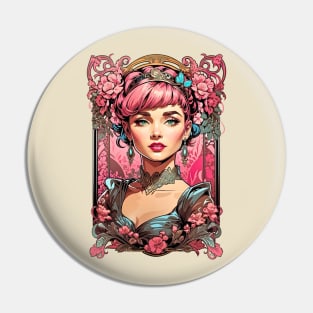 Bohemian Pink Haired woman retro vintage floral design Pin