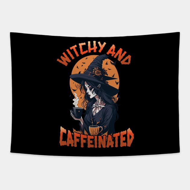 Witchy and Caffeinated Halloween Coffee lover Tapestry by Luvleigh