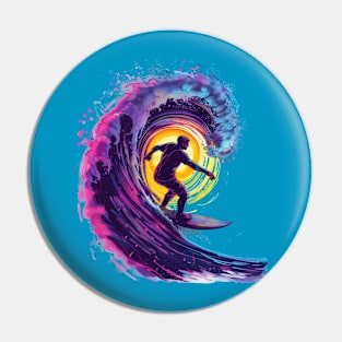 Ride the Neon Wave: Dynamic Surfer Illustration Pin