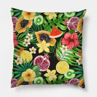 Tropical mix-fruit, flowers and leaves on black Pillow