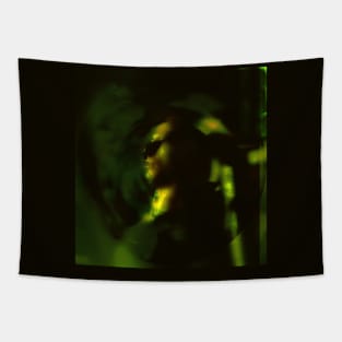 Portrait, digital collage and special processing. Man looking somewhere. He's strong. High contrast, green. Tapestry