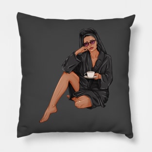 woman with cup of tea in black spa robe Pillow