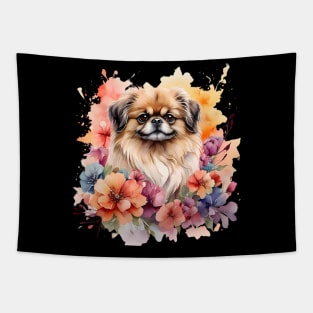 A pekingese decorated with beautiful watercolor flowers Tapestry