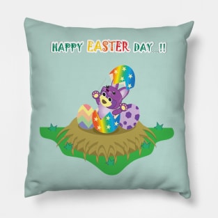 Happy easter's day, Bunny easter, Mr. Purple bear in Bunny easter costume with easter egg, Bunny easter, Bunny hatch from easter egg, cute bear, teddy bear lover, purple bear Pillow