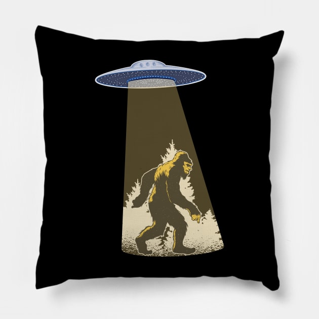 Bigfoot abduction by alien flying saucer, funny cute Sasquatch graphic, UFO outer space lover cartoon Men Women, Pillow by Luxera Wear