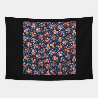 AFP22-02-ai Daisy field with leaves and polka dots oranges and blues on navy-blue -02 Tapestry