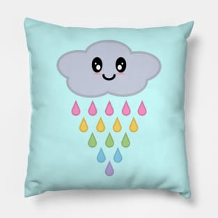 Kawaii Cute Raining Rainbow Rain Cloud in Blue Pillow