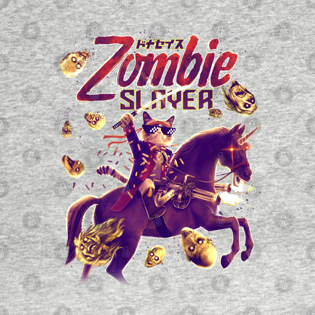 Disover Zombie Slayer - Cat Riding Unicorn War Horse with Samurai Sword and Gatling Guns - Zombie Slayer Cat Samurai On Unicorn - T-Shirt