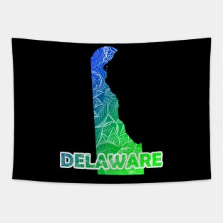 Colorful mandala art map of Delaware with text in blue and green Tapestry