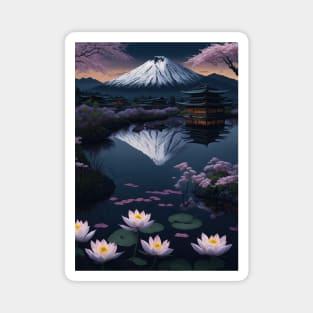 Serene Mount Fuji Sunset - Peaceful River Scenery - Lotus Flowers Magnet