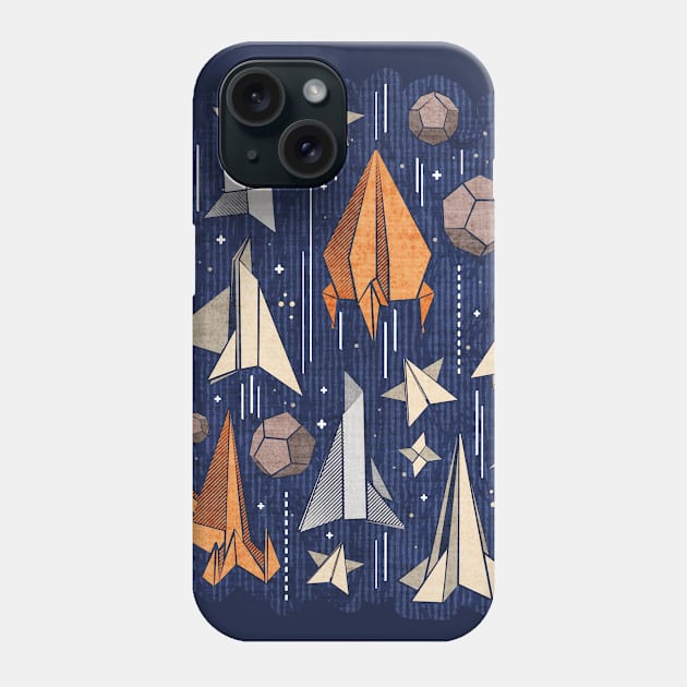 Reaching for the stars // illo // navy blue background ivory grey brown and orange origami paper asteroids stars and space ships traveling light speed Phone Case by SelmaCardoso