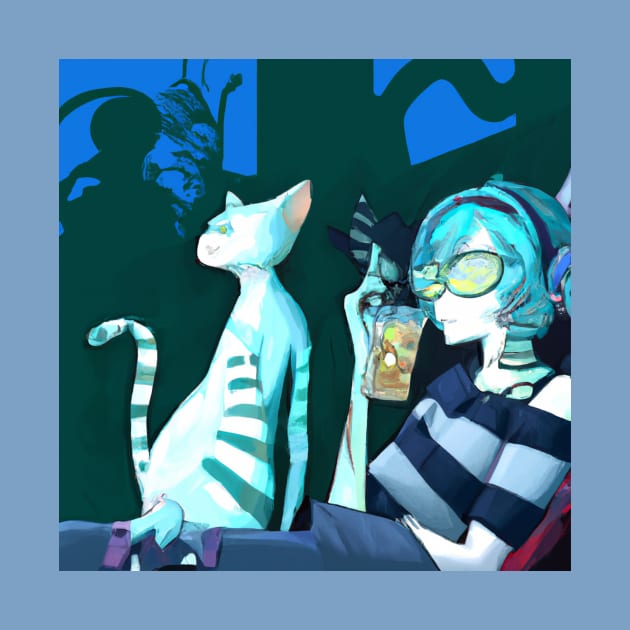 Blue Haired Girl Enjoys Tea and Tunes With Her Cat Friend by Star Scrunch