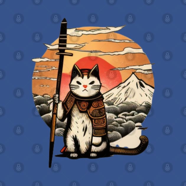 Ninja Cat Japanese Vintage Sunset Sword by YuriArt