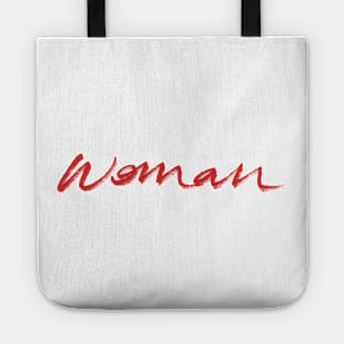 Hand written woman text in red Tote