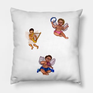 Orchestra of Curly haired Angels in blue playing the tambourine, violin and harp - blissful Sun kissed curly haired Baby cherub angel classical art Pillow