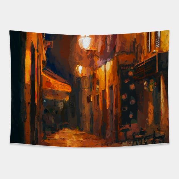 London Street at Night Tapestry by RodsArtPortal