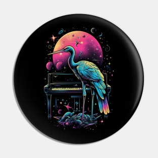 Melodic Cosmos: Flamingo's Piano Voyage through Colorful Galaxy Pin