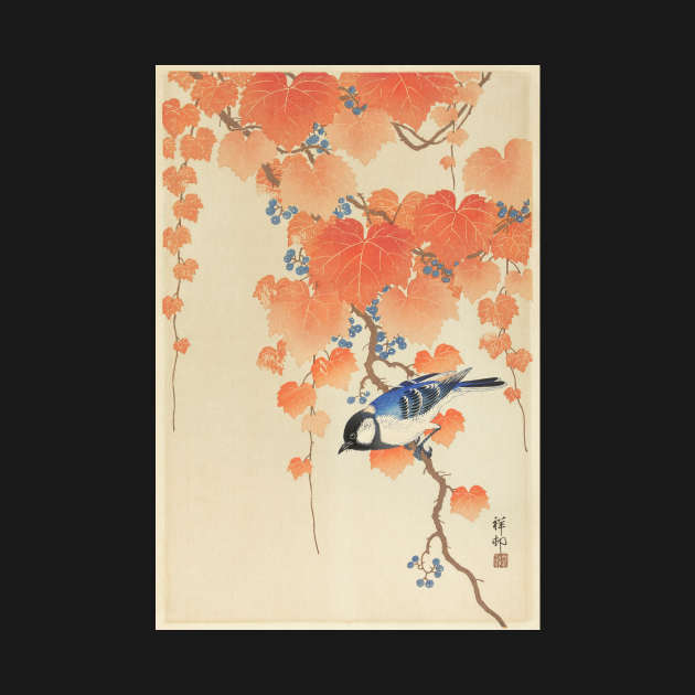 Blue Bird Autumn Vintage Japanese Painting Art by twizzler3b