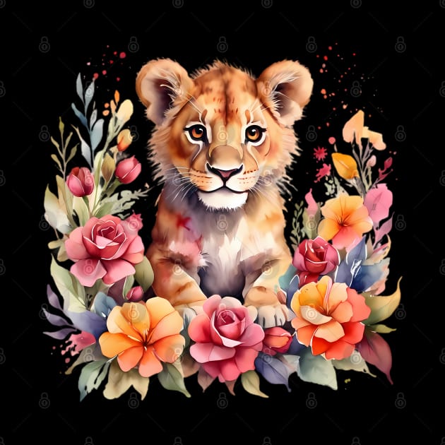 A lion cub decorated with beautiful watercolor flowers by CreativeSparkzz