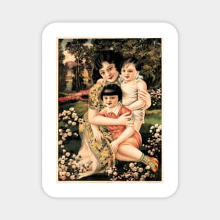 Happy Family with Children Garden Picnic Retro Vintage Chinese Magnet