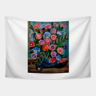 lovely abstract background and vibrant flowers in a glass vase Tapestry