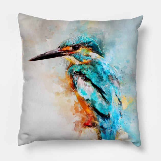 Dramabite Watercolor kingfisher bird artsy artistic painting wildlife Pillow by dramabite