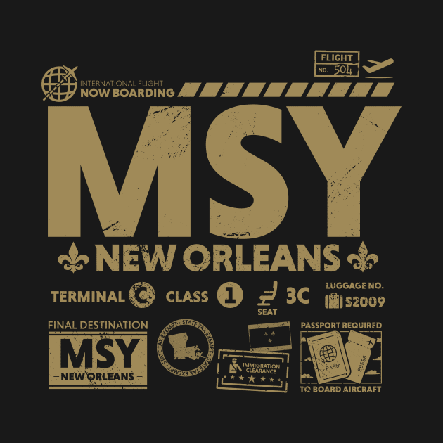 Vintage New Orleans MSY Airport Code Travel Day Retro Travel Tag Gold by Now Boarding