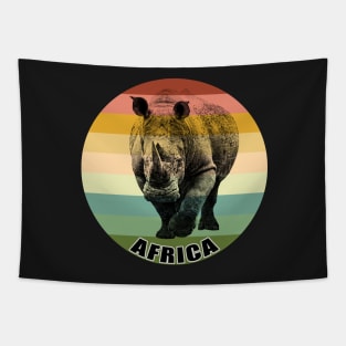 White Rhino Full Figure on Vintage Retro Africa Sunset Tapestry