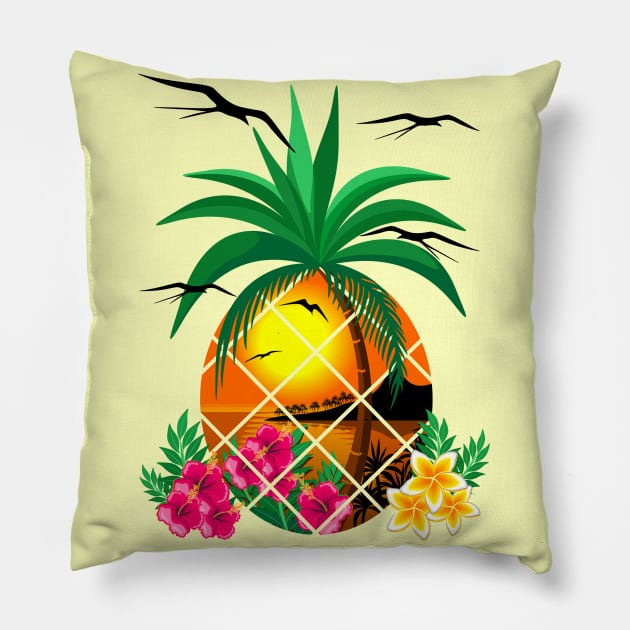 Pineapple Tropical Sunset, PalmTree and Flowers Pillow by BluedarkArt