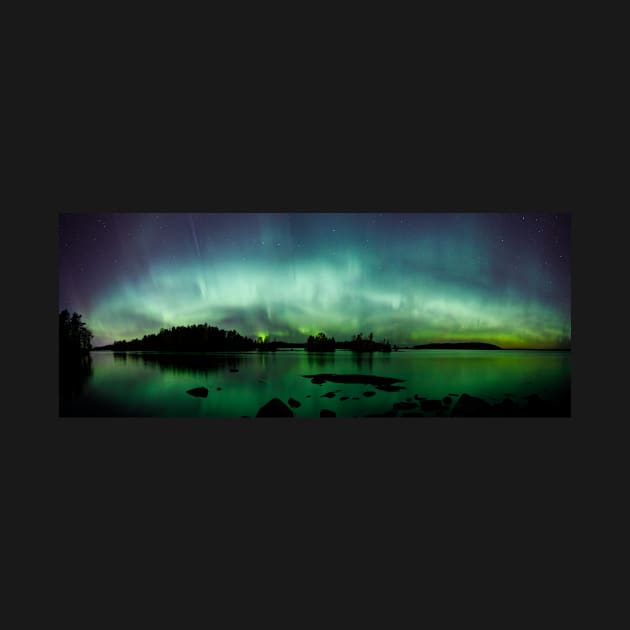 Beautiful northern lights over lake panorama by Juhku