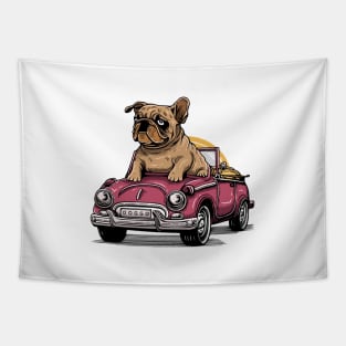 Bulldog Riding Open Roof Car Tapestry