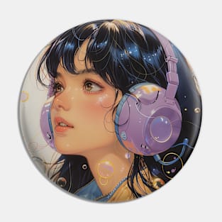 Anime Girl Listening To Music Retro Pin